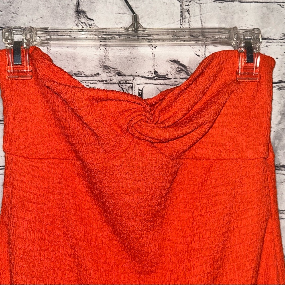 On the Wild Table Orange Strapless Midi Dress Twist Front Bodycon Resort Medium - Picture 7 of 13